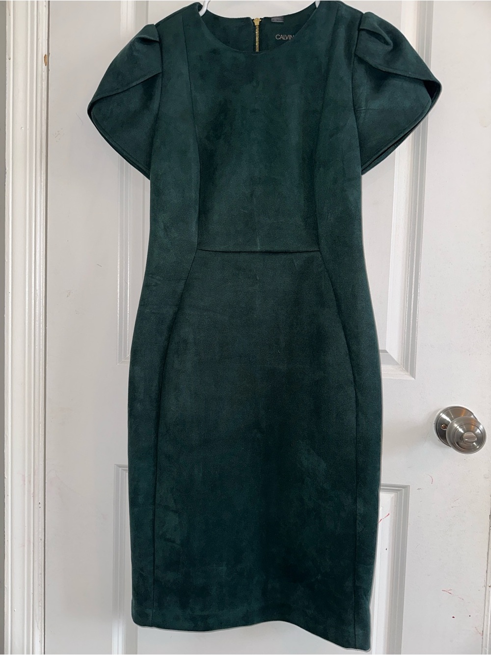 Calvin Klein Dark Green Puff-Sleeve Midi Sheath Dress